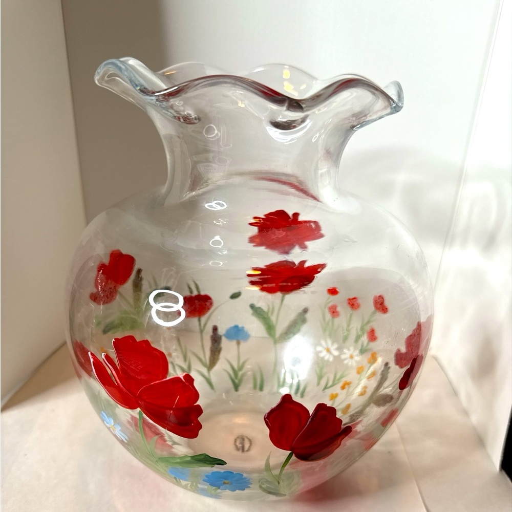 Noble Excellence “Crimson Bloom” Hand-painted Vase with Ruffled Rim. (3-I)